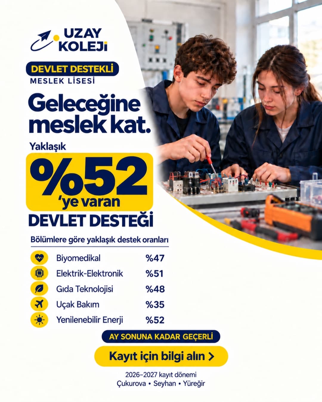 Uzay Koleji state support campaign cover card with support rates by department